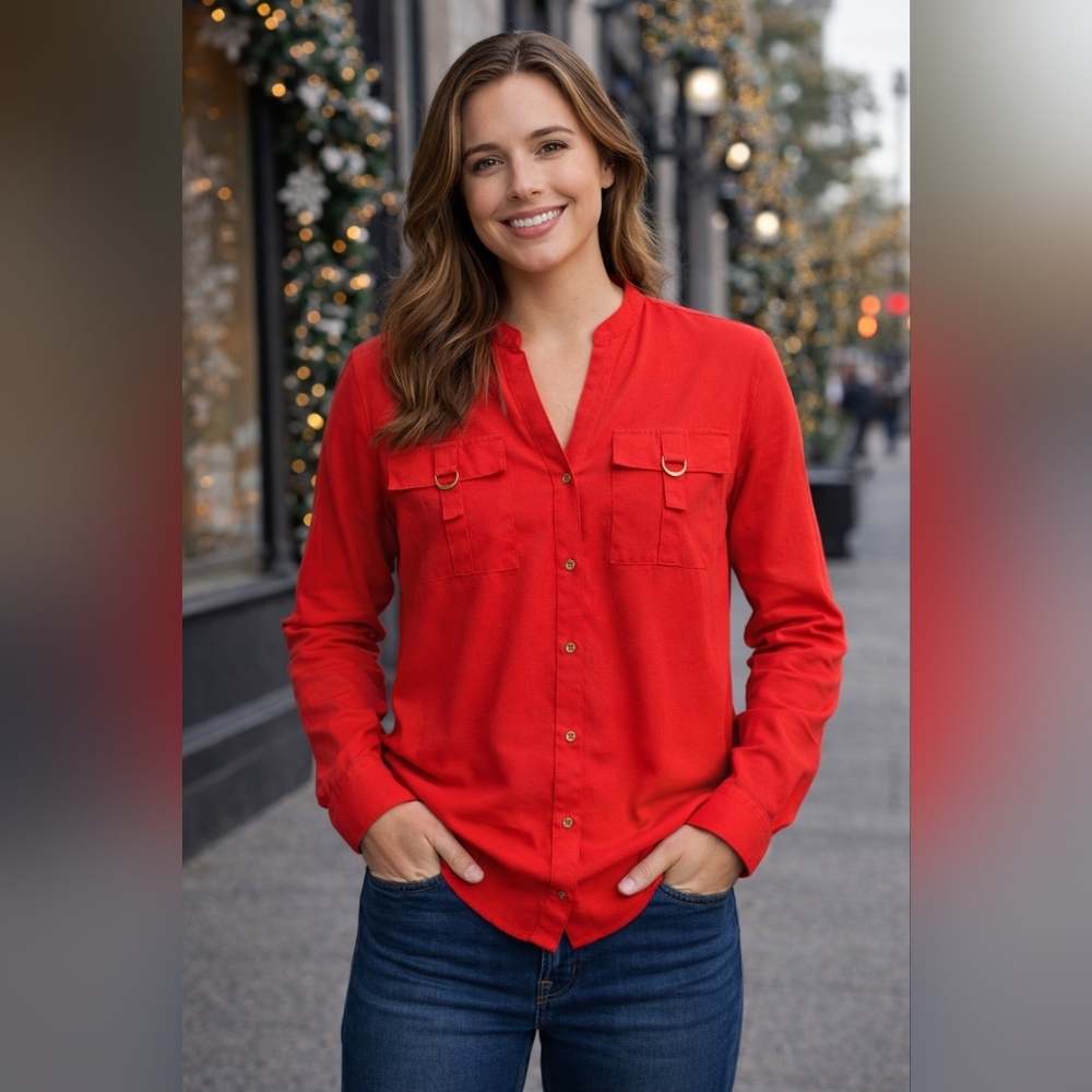 Calvin Klein Red Long-Sleeve Button Front Blouse